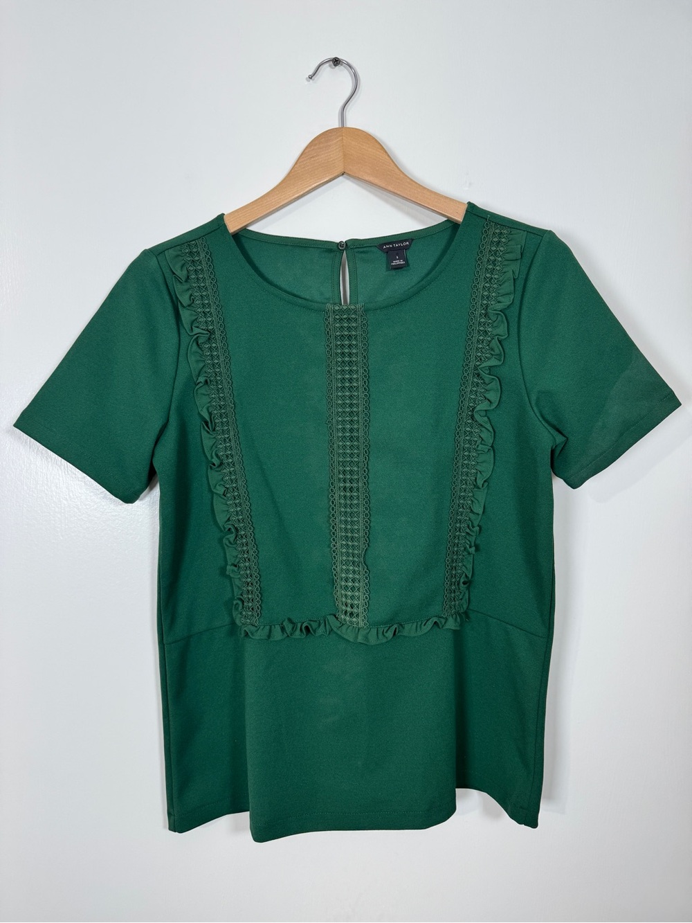 WSH158 {Ann Taylor} Green Ruffle Short Sleeve Blouse Top Shirt